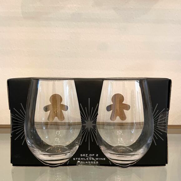 Christmas Jeweled GINGERBREAD Stemless Wine Glass Set of 2 Holiday Barware New - Picture 8 of 11